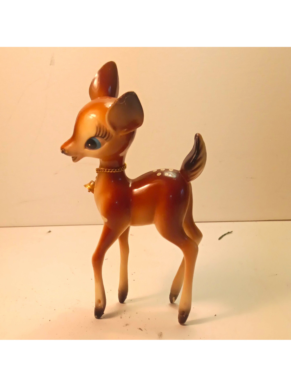 Vtg 1950s Celluloid Plastic Deer Fawn Figurine Large Blue Eyes Chain Collar